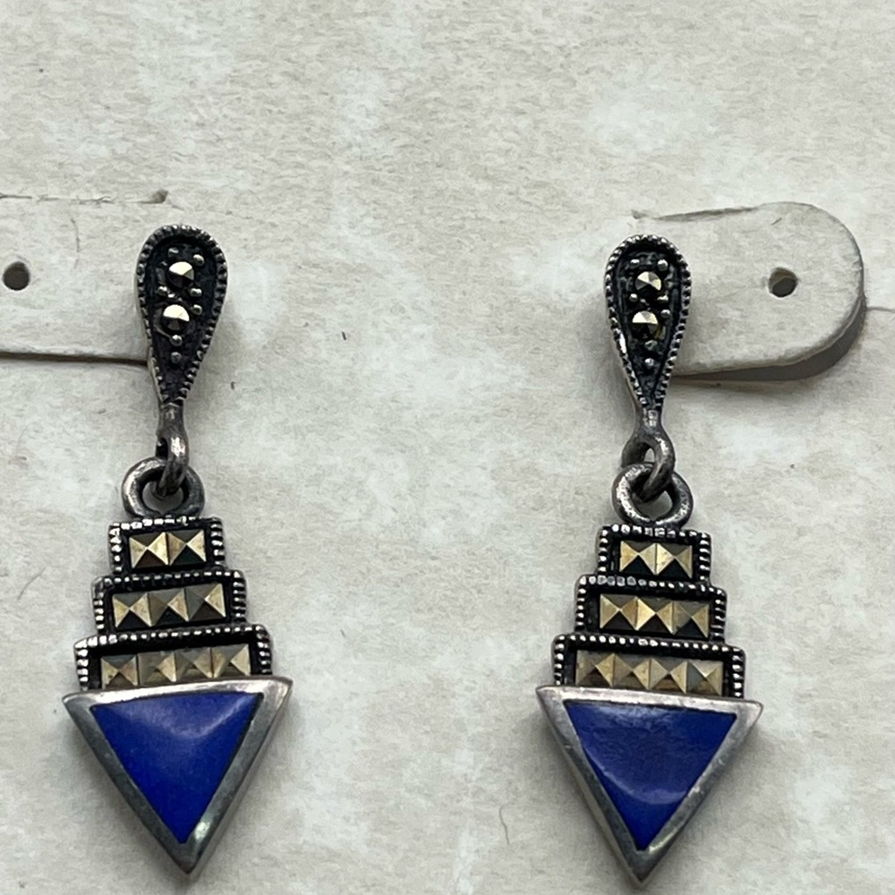 Vintage Sterling Silver and Blue Lapis Geometric Drop Earrings - Statement gift - Picture 1 of 4